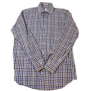 Peter Millar Shirt Mens Button Down Medium Checkered Blue & Black 100% Cotton